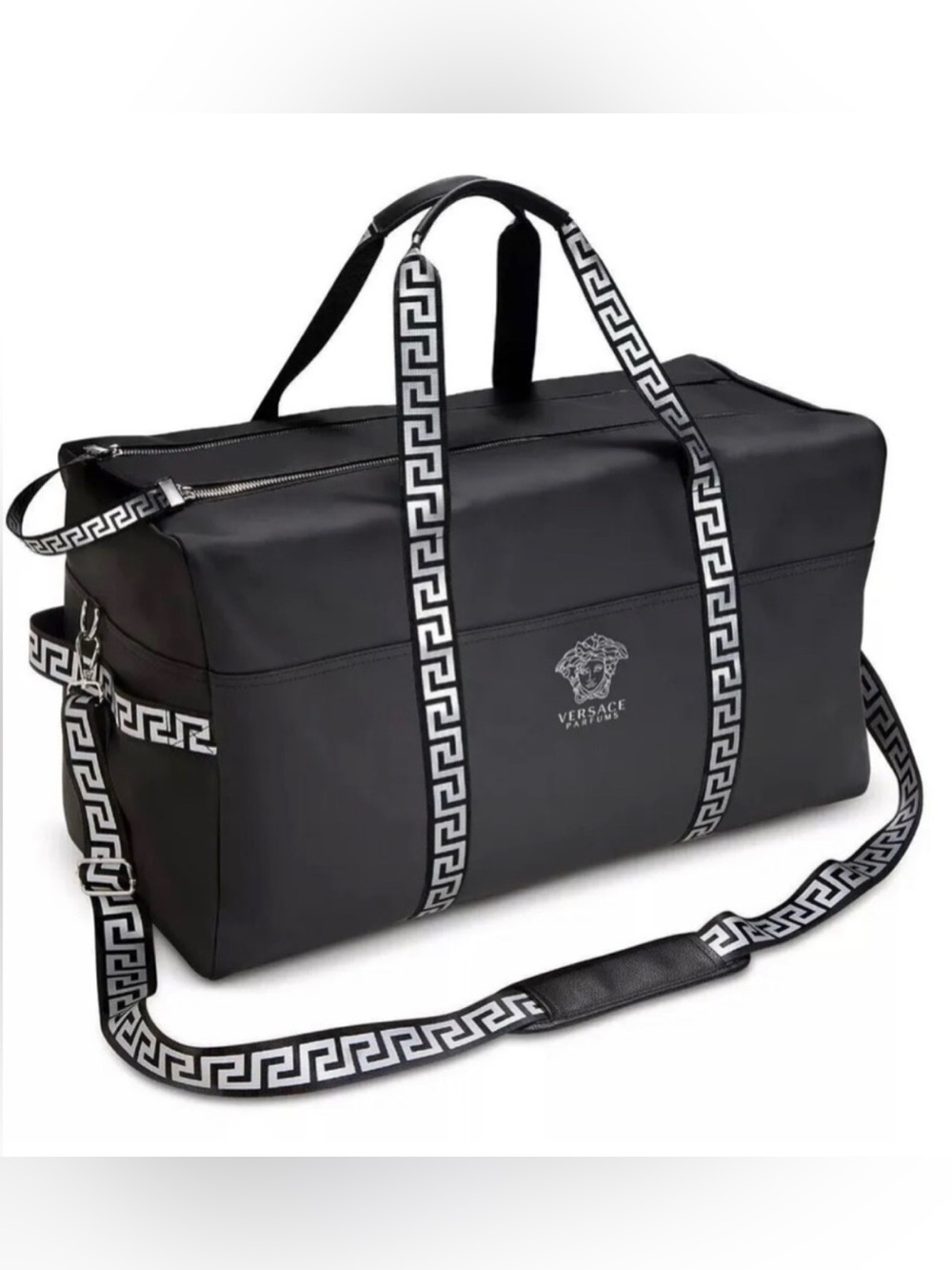 VERSACE PARFUMS || Black Greek Key Travel Duffle Weekender Bag.